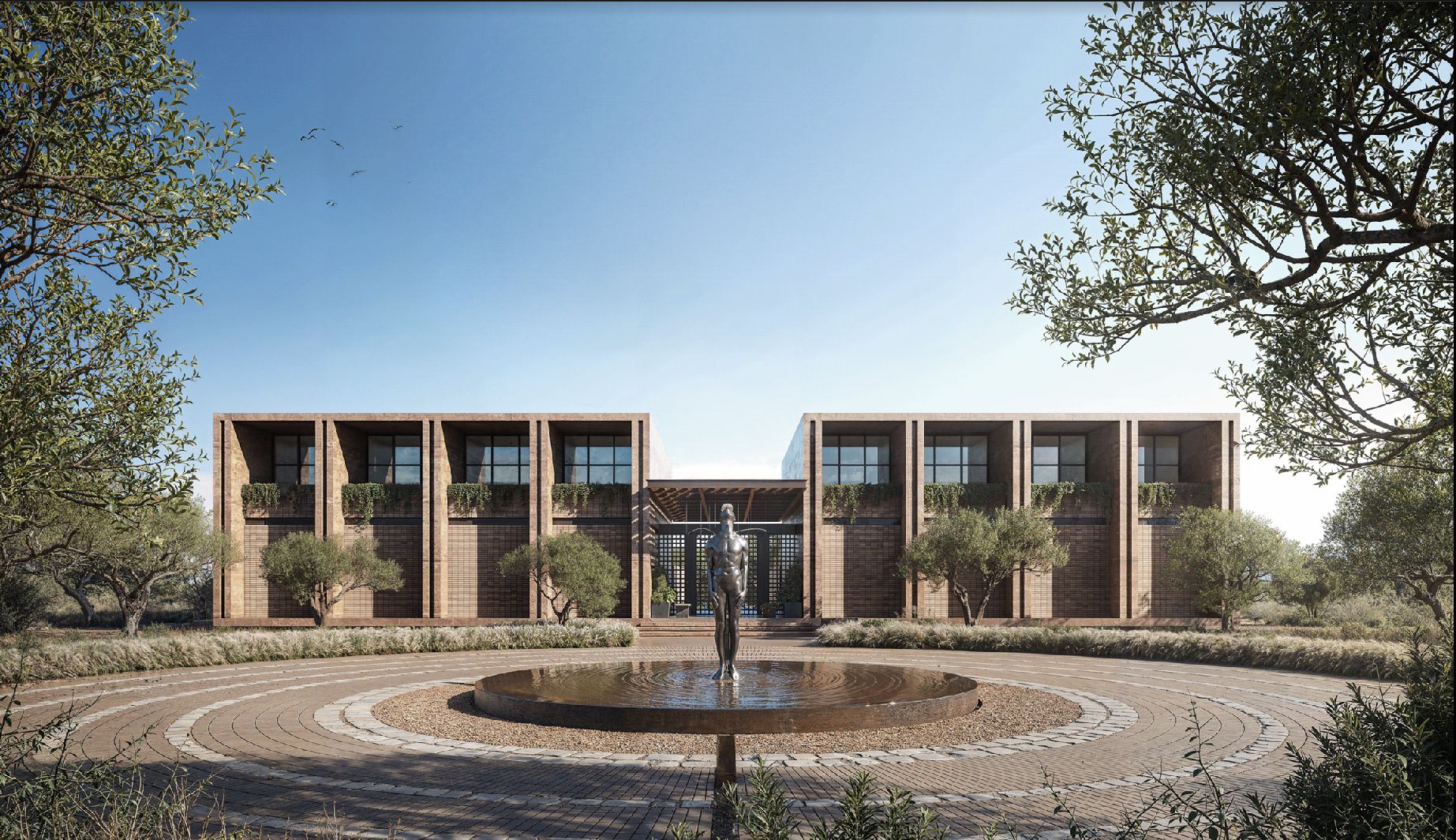 The Spark Global Knowledge Center in Muscat - twin brick pavilions around a circular fountain court